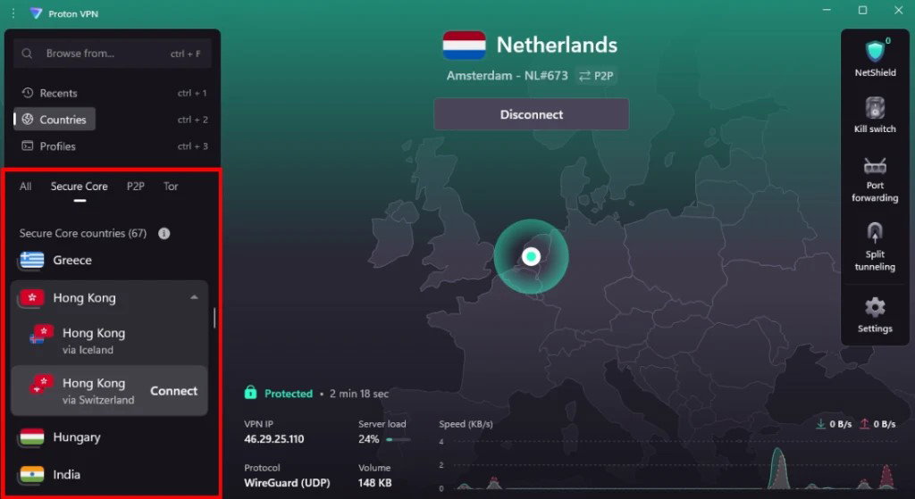 TechDogs-"Proton VPN: Best For Security"-"Proton VPN App Interface Showing Server List, Secure Core Options, Connection Details, And Real-Time Network Statistics"