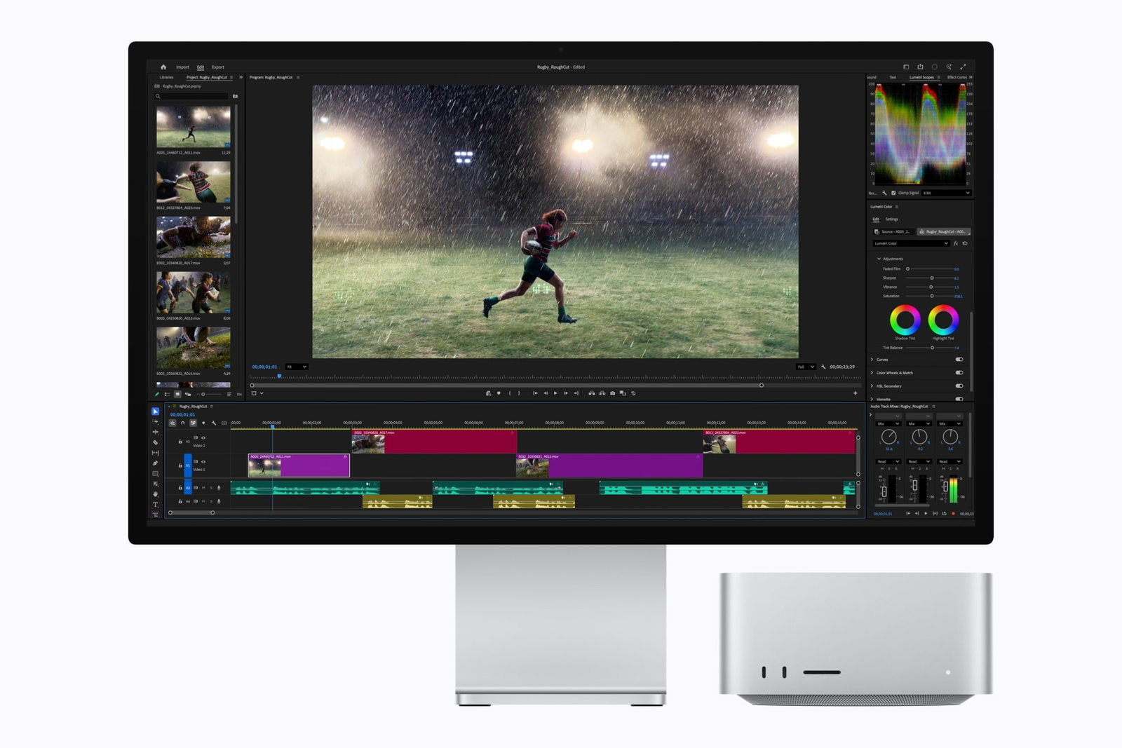 TechDogs-"Graphics And Memory: The M6 Upgrade Has A Catch"-"An Image Showing Apple Mac Studio Connected To A Studio Display Running A Professional Video Editing Workflow"