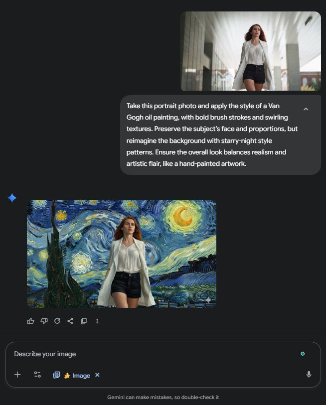TechDogs-"Use Case 4: Artistic Style Transfer And Creative Experimentation"-"Portrait Of Woman Walking With Starry Night Van Gogh Background"