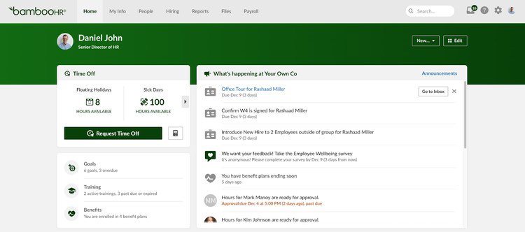 TechDogs-"BambooHR: Best User Experience (UX)"-"BambooHR Employee Dashboard Highlighting Time-Off Balances, Announcements, Tasks, Benefits, And People Management Tools For HR Teams"