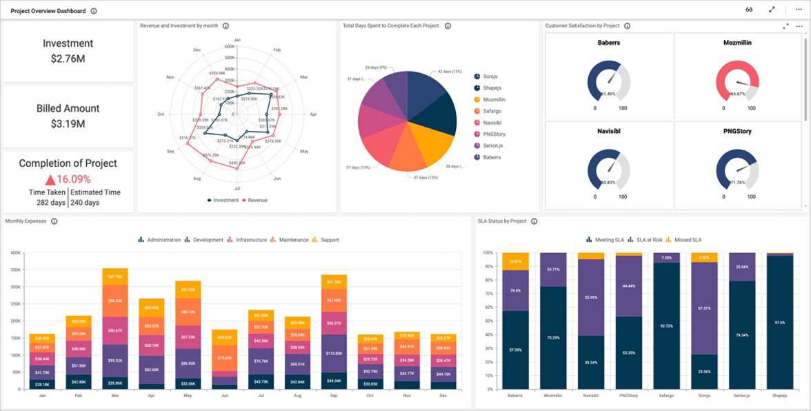 TechDogs-"Hevo Data: Best Value"-"Project Performance Dashboard Displaying Investments, Revenue Trends, SLA Metrics, And Customer Satisfaction By Project"