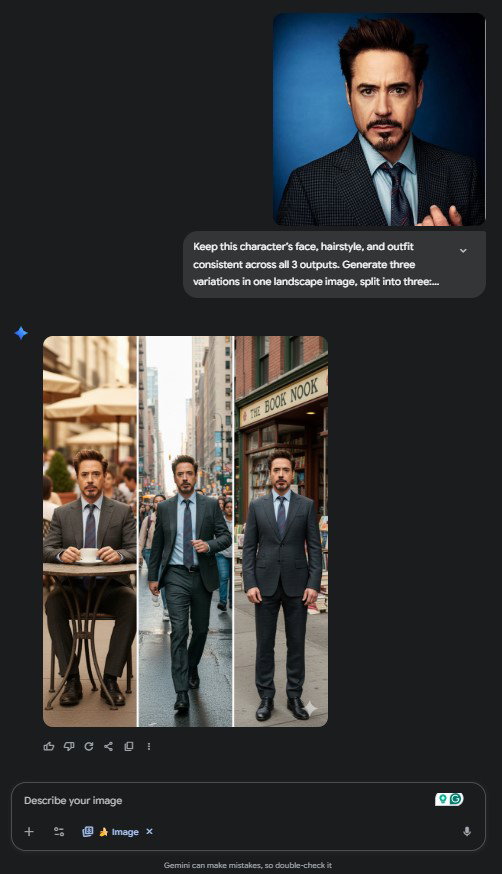 TechDogs-"Use Case&nbsp;5: Maintaining Character Consistency And Crafting Visual Stories"-"Man In Suit (Robert Downey Jr.) Shown In Three Outdoor Settings Sitting Standing And Walking"