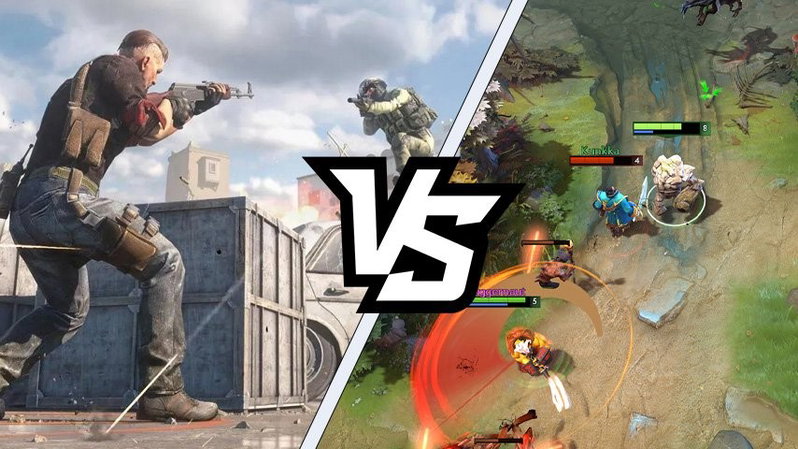 TechDogs-"Split-Screen Image Comparing PC Shooter Gameplay With MOBA Gameplay, Highlighting Different PC Gaming Genres"