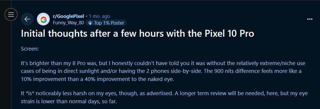 TechDogs-"What Are The Real-World Performance And User Impressions For Pixel 10 Pro?"-"Reddit Post With Pixel 10 Pro Screen Brightness Feedback"