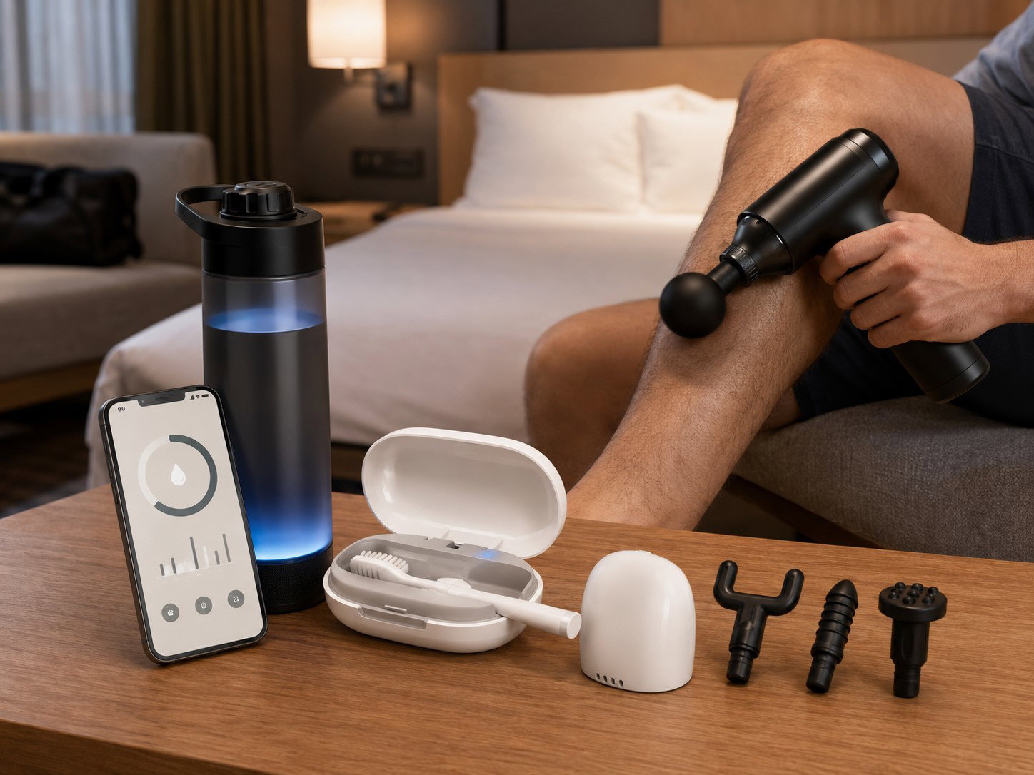 TechDogs-"Health Gadgets"-"An Image Of A Smart Water Bottle, A UV Toothbrush Sanitizer, And A Body Massager Being Used By A Person In A Hotel Room" TechDogs-"Health Gadgets"-"An Image Of A Smart Water Bottle, A UV Toothbrush Sanitizer, And A Body Massager Being Used By A Person In A Hotel Room"