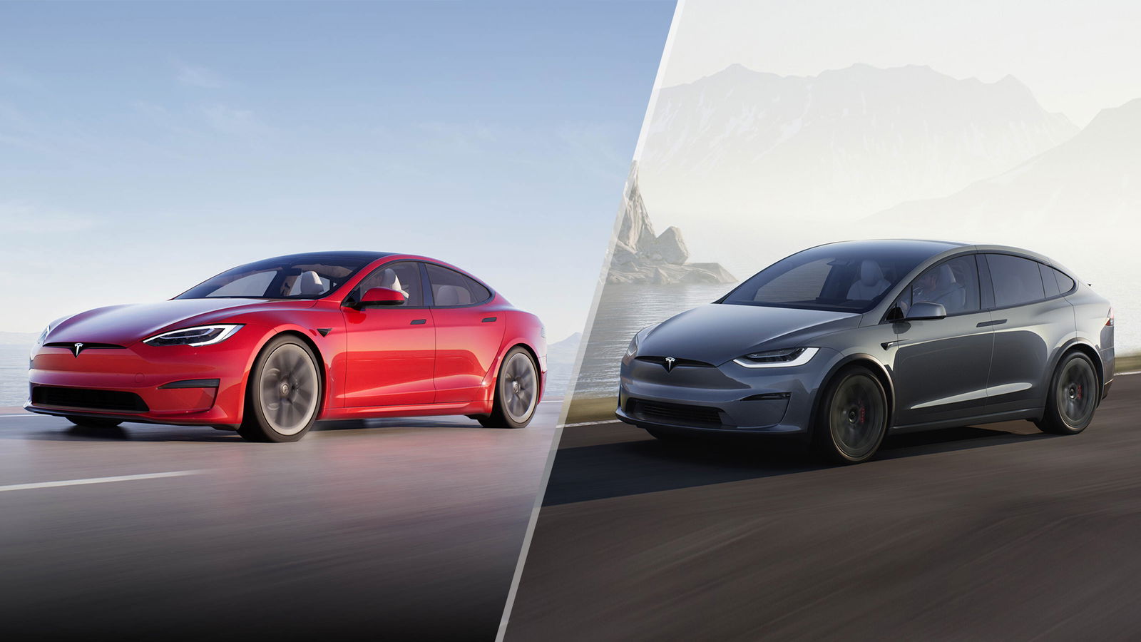 TechDogs-"Side-by-side image of a red Tesla Model S sedan and a gray Tesla Model X driving on open roads."
