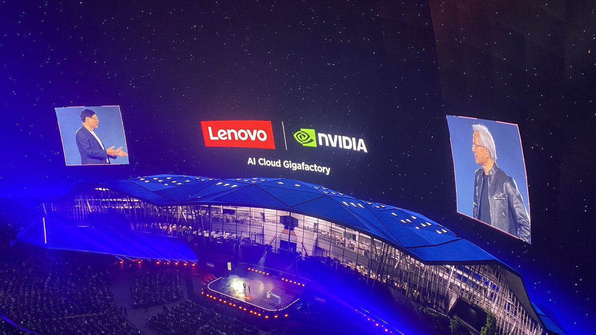 TechDogs-"Lenovo and Nvidia leaders unveil the AI Cloud Gigafactory on stage during Lenovo’s CES 2026 Tech World keynote in Las Vegas."