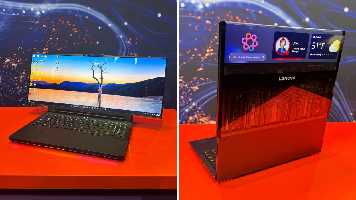 TechDogs-"Lenovo ThinkPad Rollable XD Concept laptop shown at CES 2026 featuring a flexible expanding OLED display."