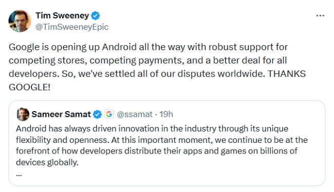 TechDogs - "An Image Showing Epic CEO Tim Sweeney's Tweet About Epic And Google Settlement"