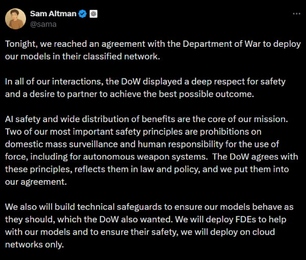 TechDogs - "Sam Altman's X Post About The Agreement With The Department Of War"