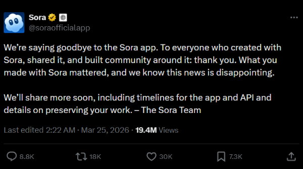 TechDogs - "Screenshot Of OpenAI’s Sora Post On X Announcing The Shutdown Of The Sora App"