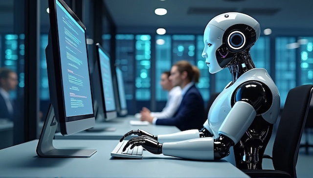 TechDogs - "Humanoid Robot Working On A Computer In An Office"