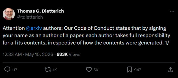 TechDogs - "Thomas Dietterich, Chair Of arXiv’s Computer Science Section X Post About The Platform’s New AI Research Paper Rules"