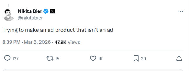 TechDogs - "An Image Showing X’s Head Of Product Nikita Bier's X Post About Its New Ad Format"