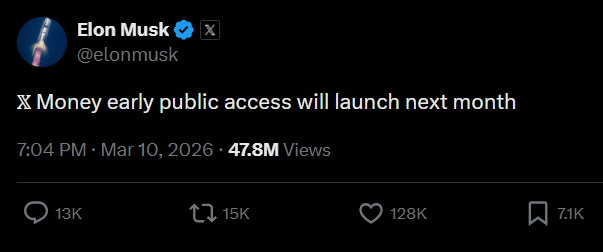 TechDogs - "An Image Showing Elon Musk's X Post Announcing Early Public Access For X Money"