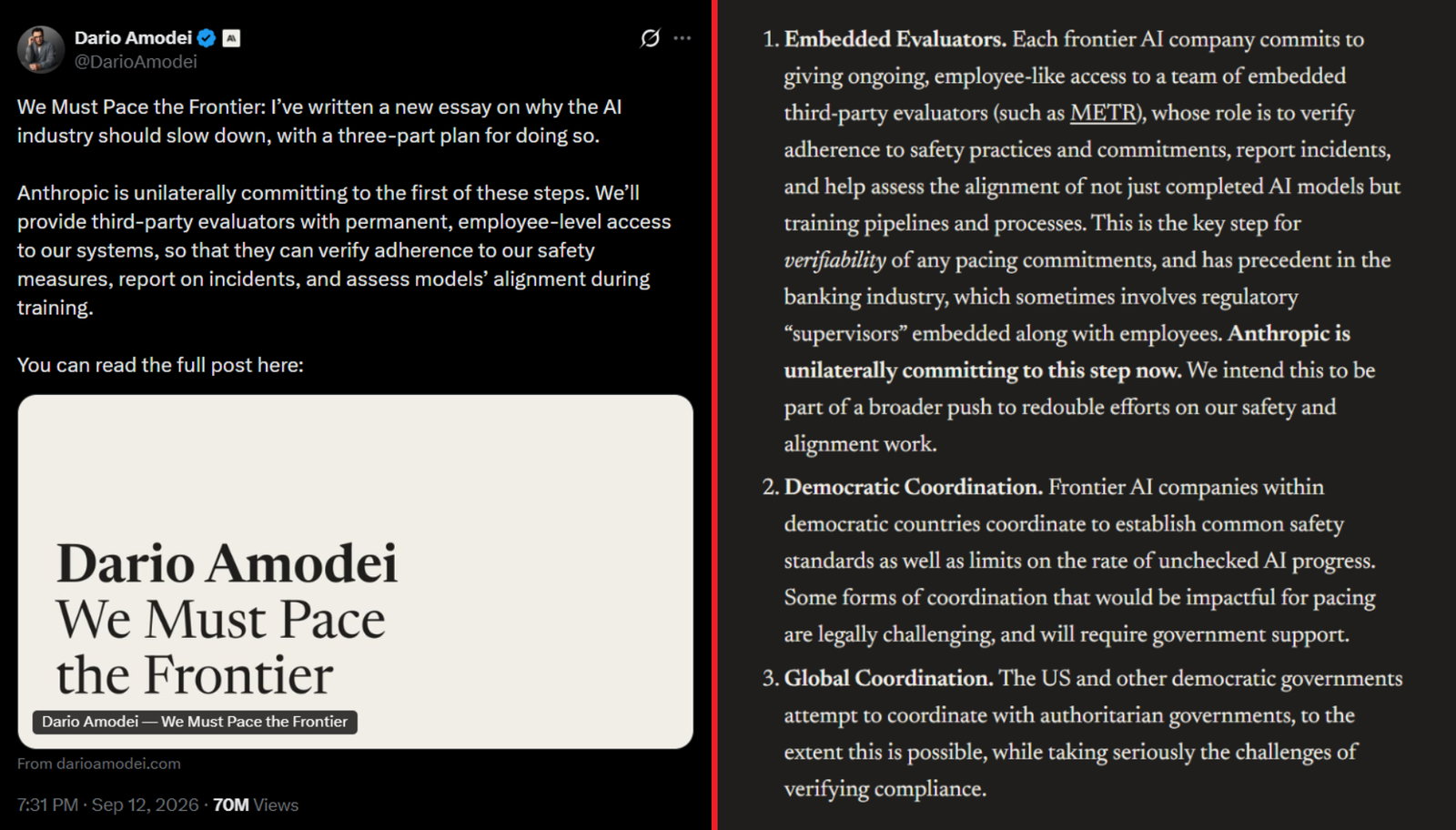 TechDogs-"An Image Of Dario Amodei's X Post And His Three-Part Plan To Slow Down AI Frontier Development"