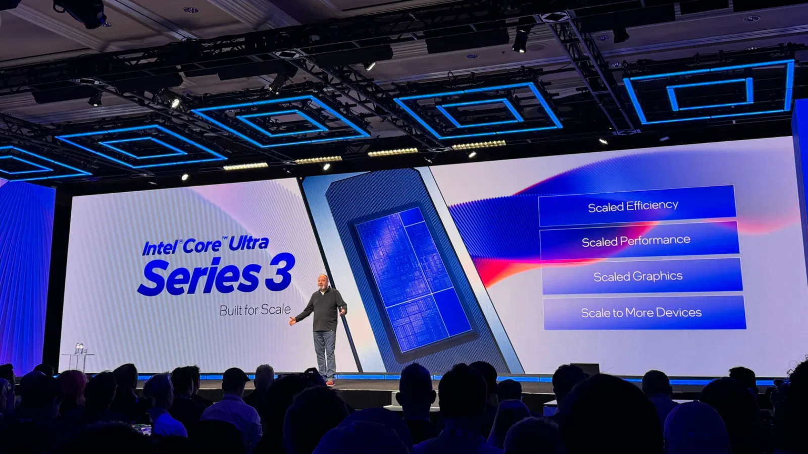 TechDogs-"Intel CEO presenting Core Ultra Series 3 Panther Lake processors during CES 2026 keynote."