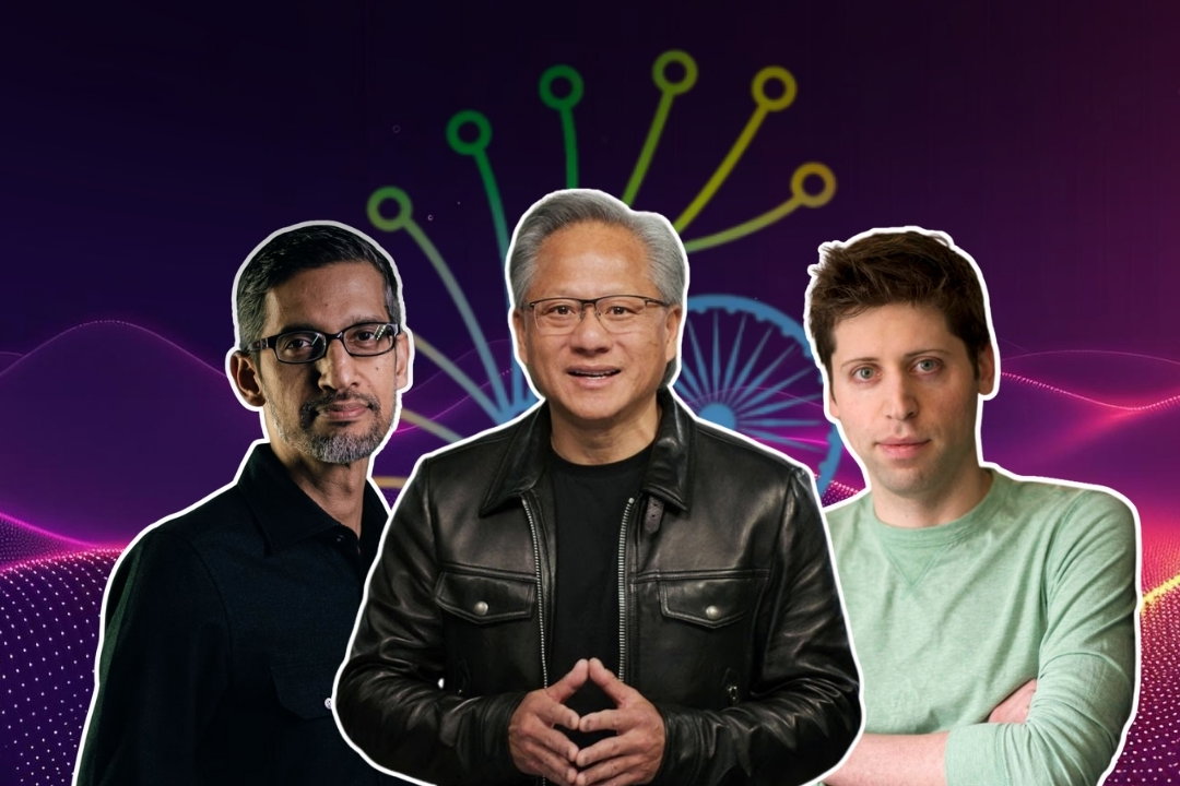 TechDogs-"An Image Of (Left To Right) Sundar Pichai (CEO, Google & Alphabet), Jensen Huang (Founder & CEO, NVIDIA), And Sam Altman (CEO, OpenAI)"