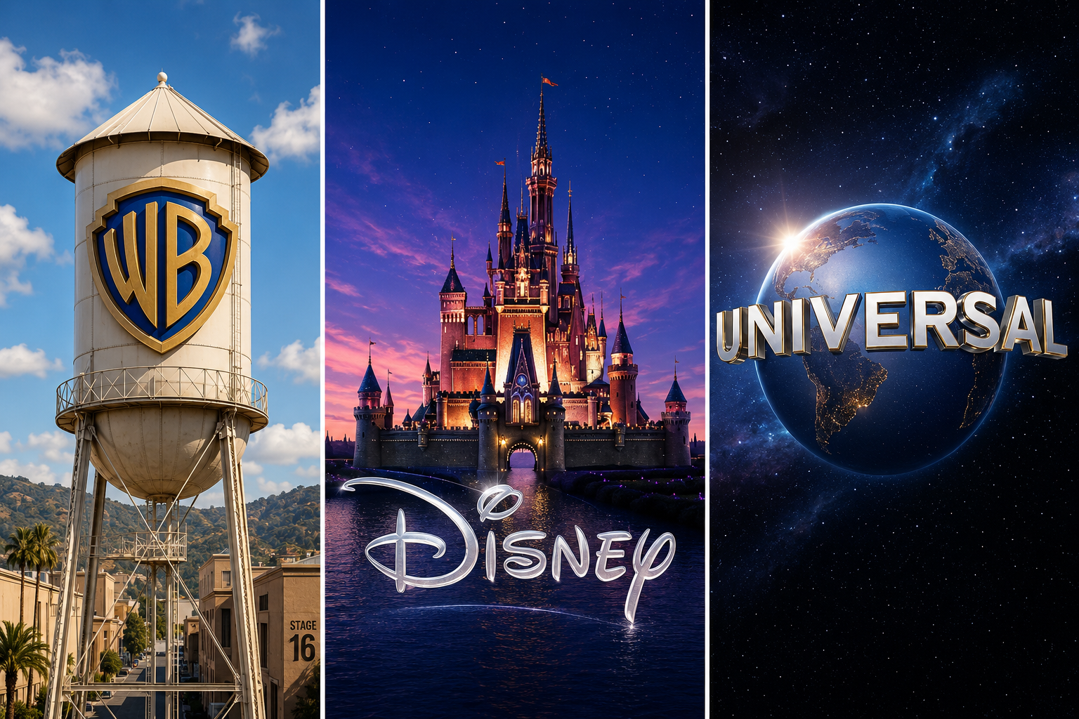 TechDogs-"An Image Of The Logos Of Disney, Universal, And Warner Bros."