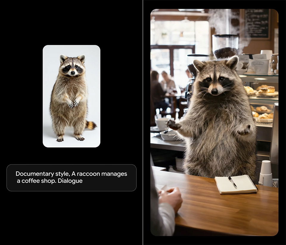 TechDogs-"Veo 3.1 Reference Image Of A raccoon manages a coffee shop in a documentary-style scene, with dialogue."