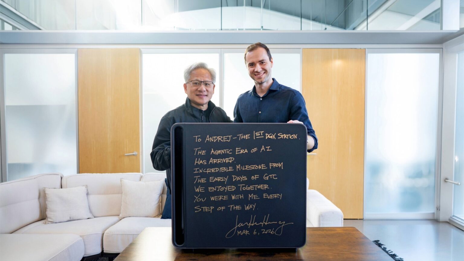 TechDogs-"An Image Of Jensen Huang And Andrej Karpathy With The NVIDIA DGX Station GB300"