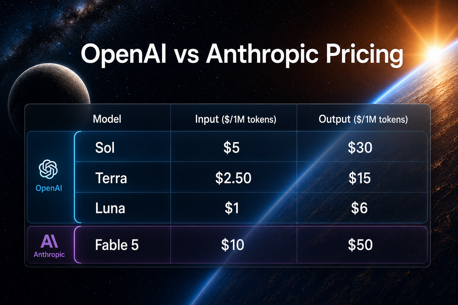TechDogs-"An Image Showing The Price Difference Between OpenAI's Sol, Terra, And Luna Models In Comparison To Anthropic's Claude Fable 5" TechDogs-"An Image Showing The Price Difference Between OpenAI's Sol, Terra, And Luna Models In Comparison To Anthropic's Claude Fable 5"