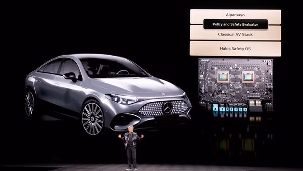 TechDogs-"Jensen Huang presenting Mercedes-Benz CLA with NVIDIA Alpamayo autonomous driving AI and safety stack at CES 2026"
