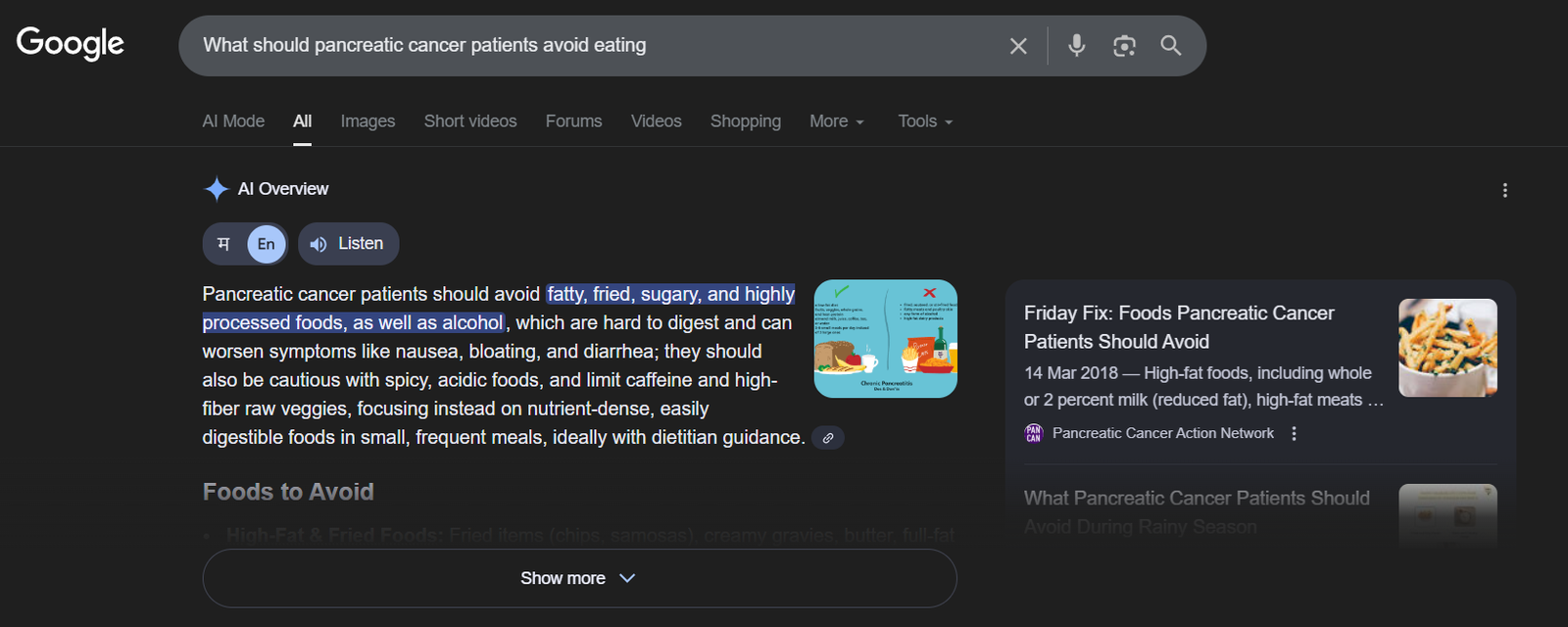 TechDogs-"Google AI Overview advising pancreatic cancer patients to avoid fatty, fried, sugary, processed foods, and alcohol."