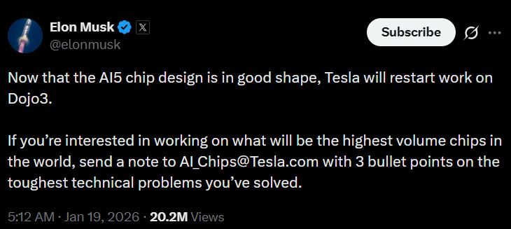 TechDogs-"Elon Musks tweet on x about AI5 chips for the Dojo3 AI supercomputer project"