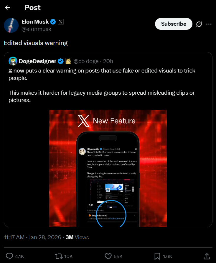 TechDogs-"Elon Musk repost highlights X’s new warning label for fake or edited visuals, shown on a sample post interface." TechDogs-"Elon Musk repost highlights X’s new warning label for fake or edited visuals, shown on a sample post interface."