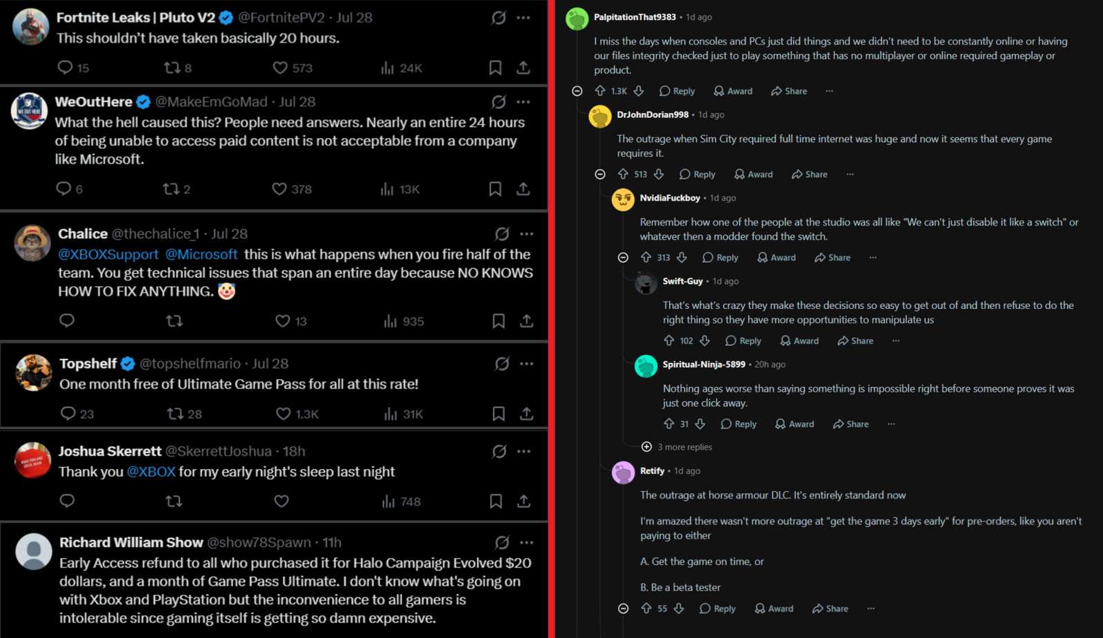 TechDogs-"An Image Showing Comments On X And Reddit Related To Xbox's Outage"
